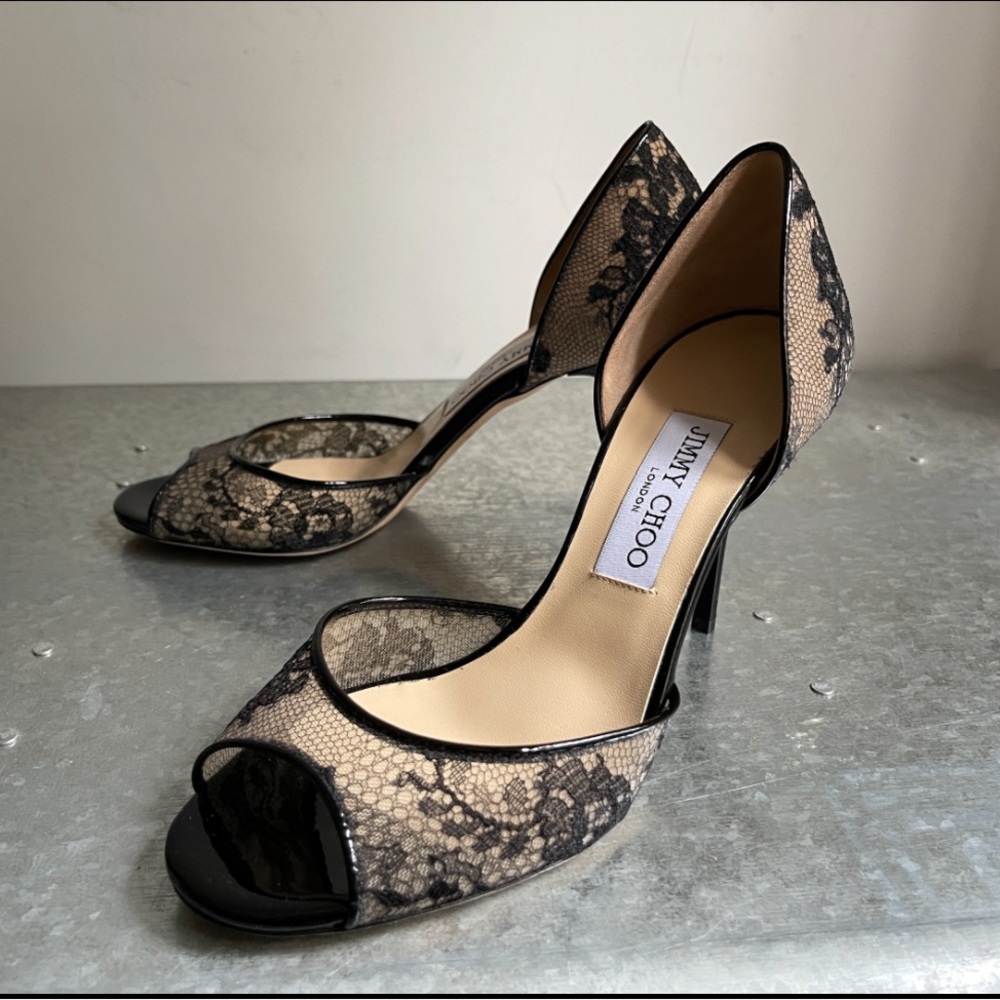 Jimmy Choo Black Lace Lien Peep-Toe d'Orsay Heels